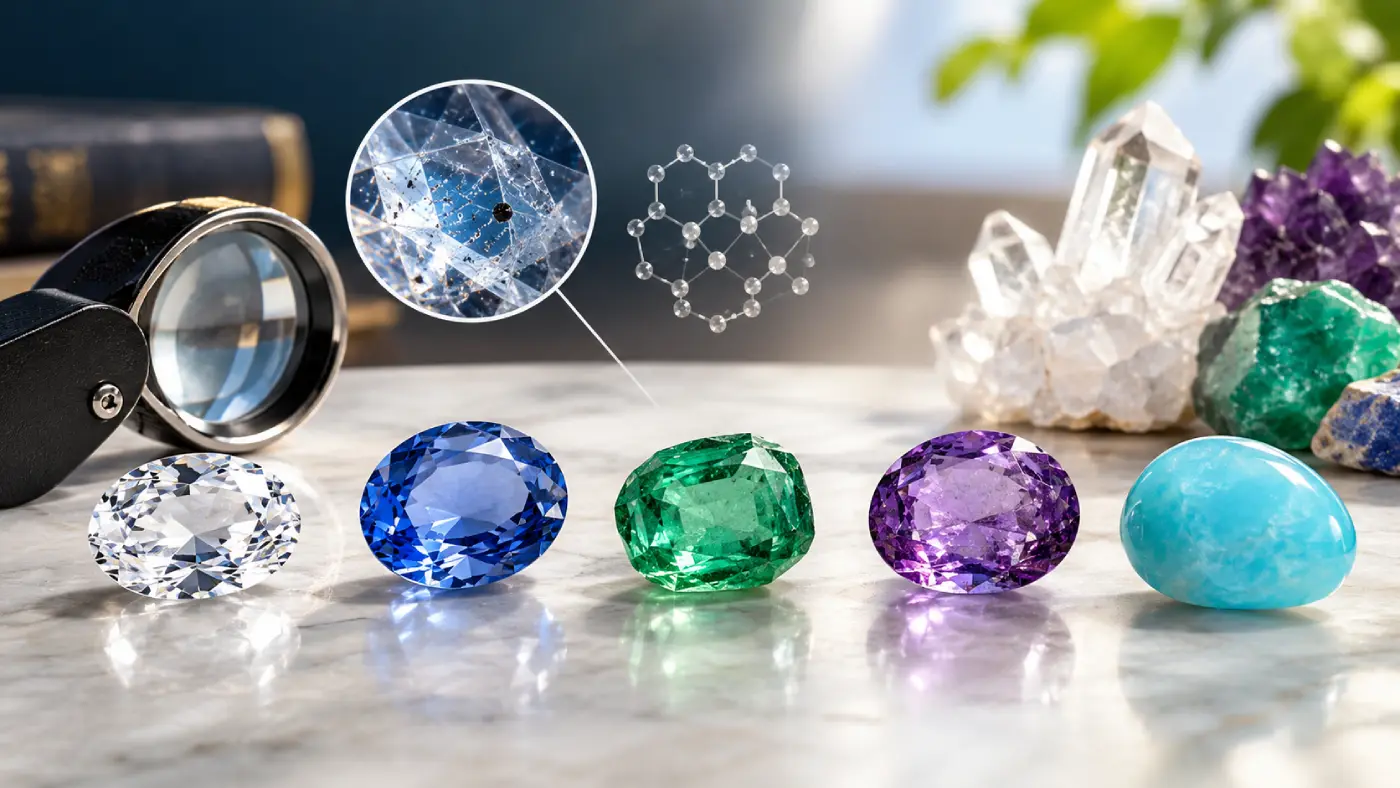 Gemstones displayed with a magnifying loupe, crystal structure illustration, and various transparent and translucent gems on a marble surface.