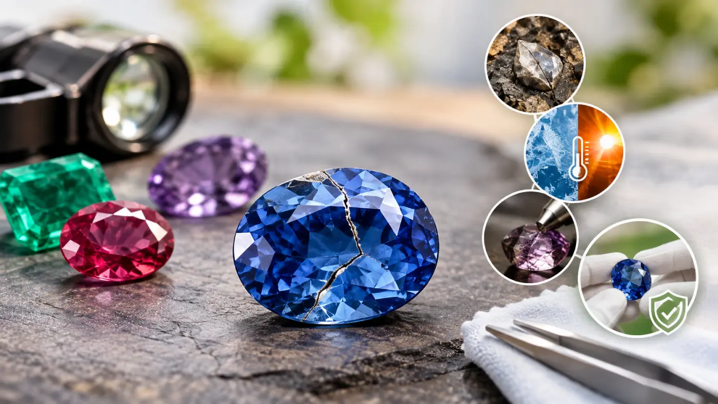 A close-up of colorful gemstones, including a visibly cracked blue gemstone, with magnifying and inspection tools illustrating gemstone damage, causes, and prevention.
