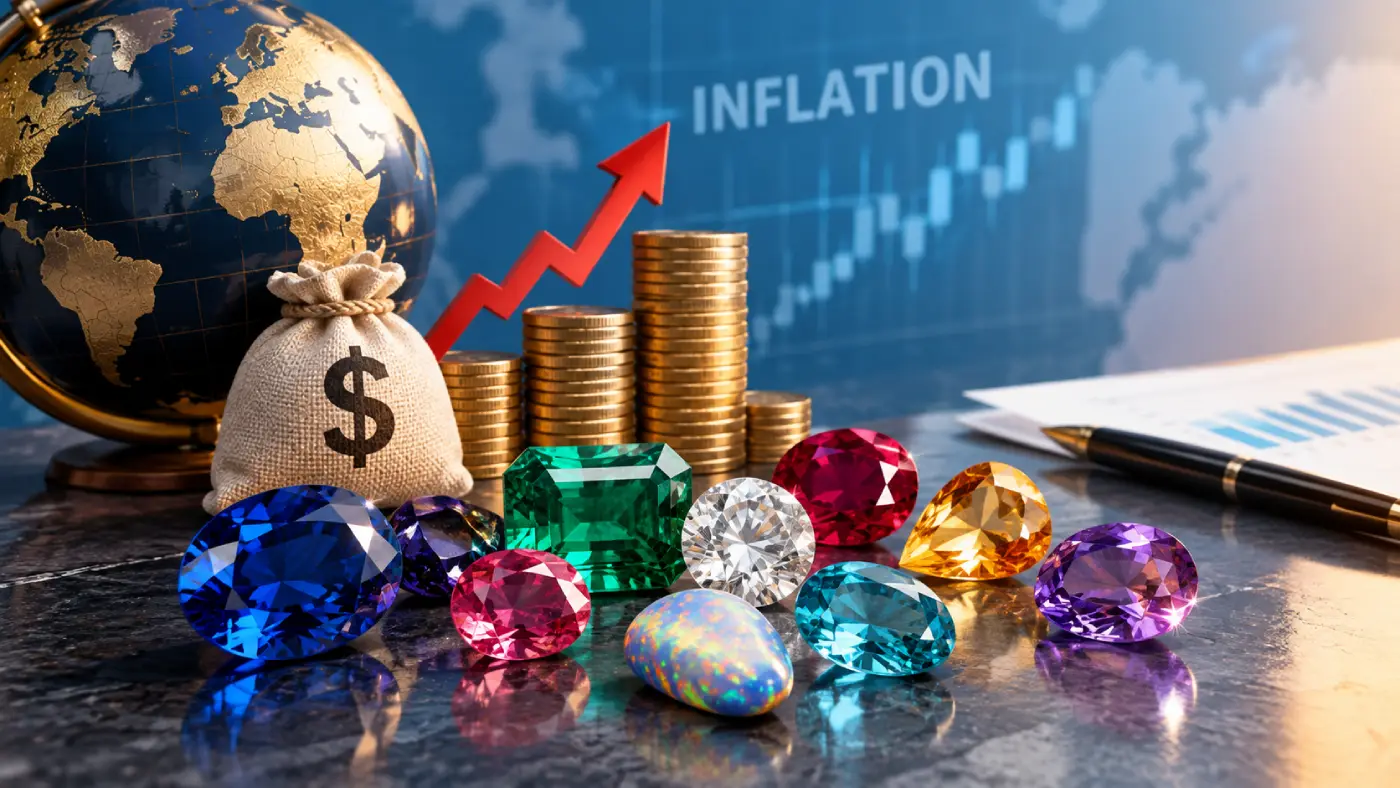 Inflation concept with colorful gemstones, rising coin stacks, a globe, and financial charts.