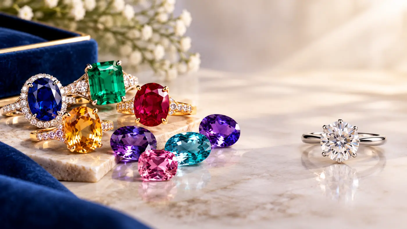 A luxurious arrangement of colorful gemstones and diamond jewelry displayed on a marble surface, highlighting the appeal of colored gemstones over diamonds.