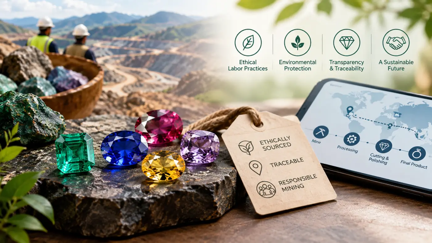 Ethically sourced gemstones displayed with responsible mining, traceability, environmental protection, and sustainable supply-chain concepts.