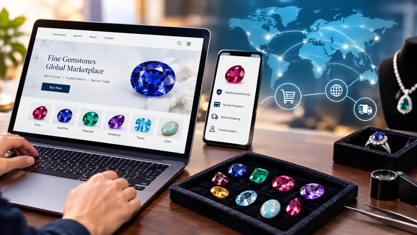 Online gemstone trading concept featuring a laptop and smartphone displaying a digital gemstone marketplace, colorful loose gemstones, jewelry, and global connectivity graphics.