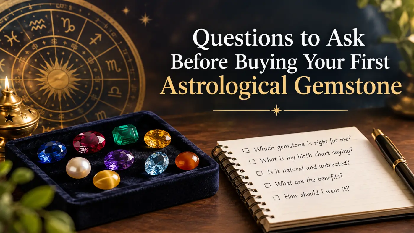 Luxury astrological gemstone buying guide featuring colorful gemstones, a zodiac wheel, and a checklist notebook with questions for first-time buyers.