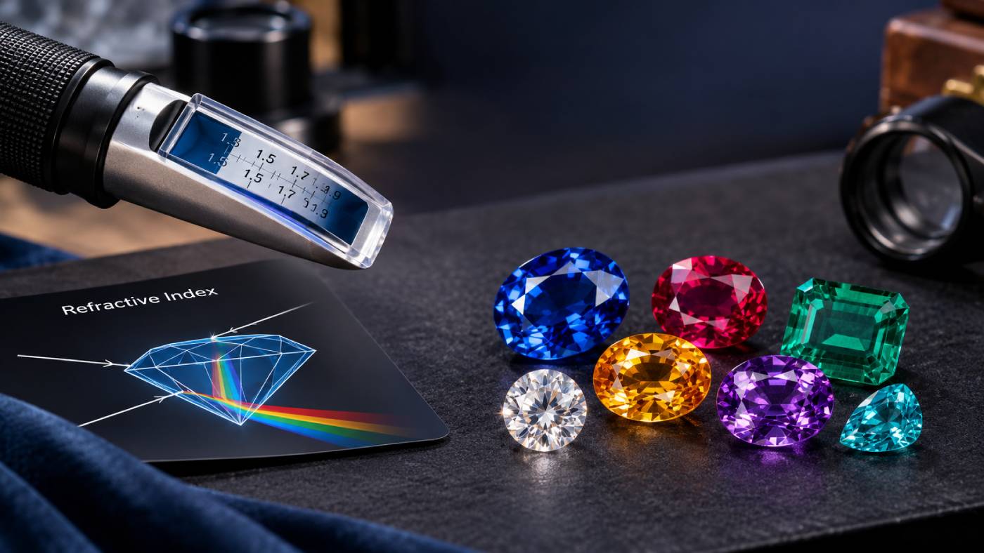 Refractometer measuring refractive index beside colorful faceted gemstones in blue, red, green, yellow, purple, and clear hues, illustrating how light refraction helps identify and distinguish precious stones.