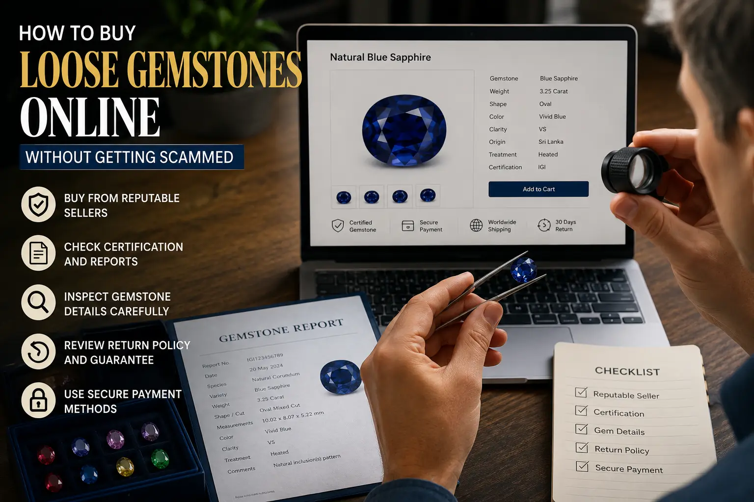 A person inspecting a natural blue sapphire online with a gemstone report, certification, and buyer checklist, highlighting safe online gemstone purchasing practices.