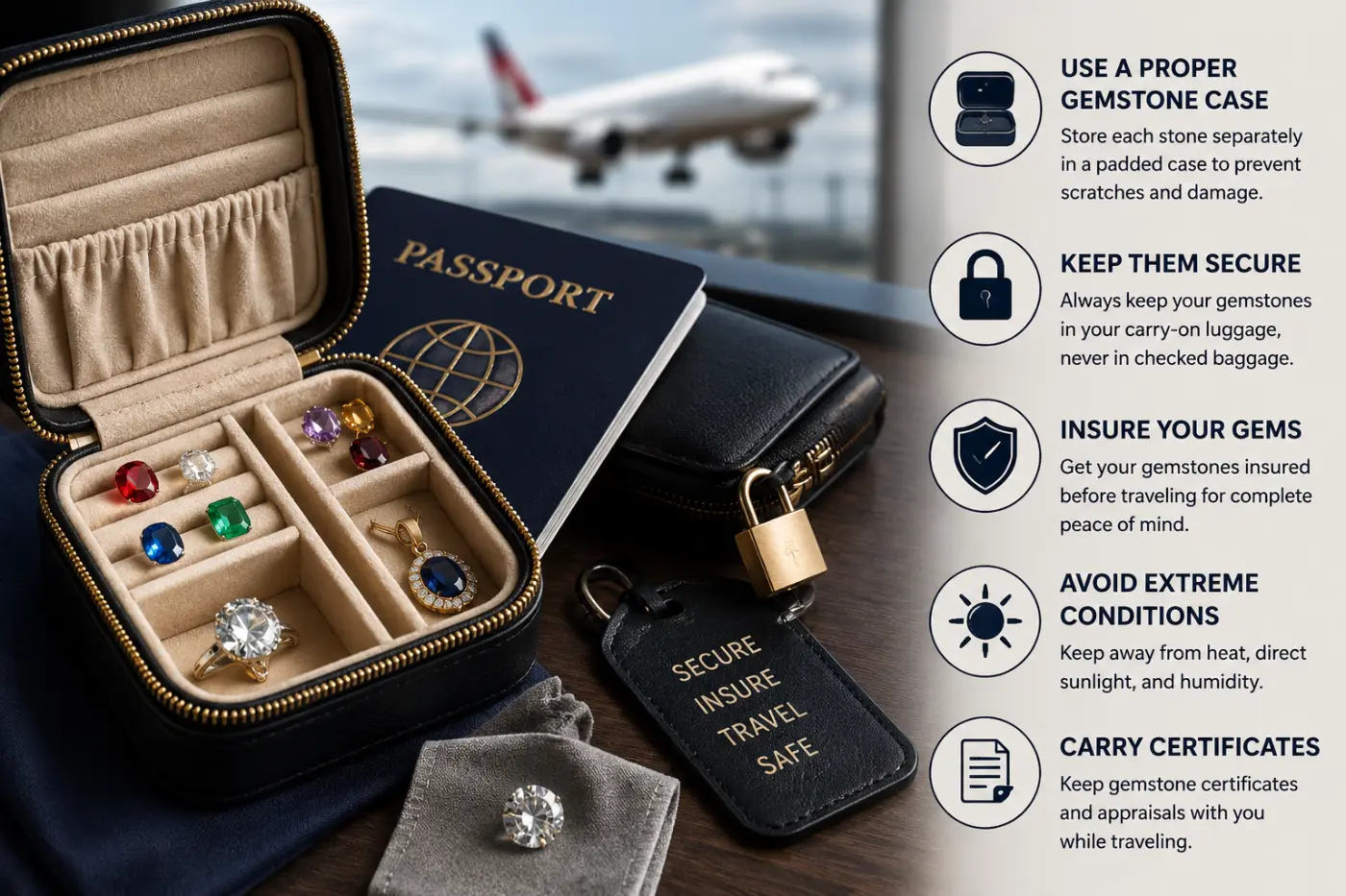 Luxury gemstones stored in a padded travel case beside a passport and luggage, with safety tips for secure gemstone travel.