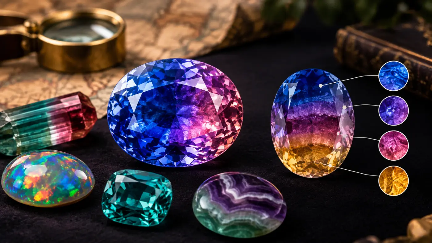 Gemstone color zoning illustrated with a large faceted blue, purple, and pink gemstone showing distinct color bands, surrounded by colorful gemstones on black velvet.