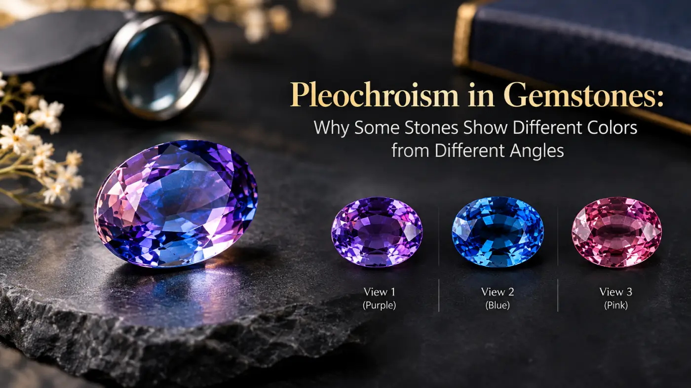 Pleochroic gemstone displaying purple, blue, and pink colors from different viewing angles, illustrating pleochroism in gemstones.